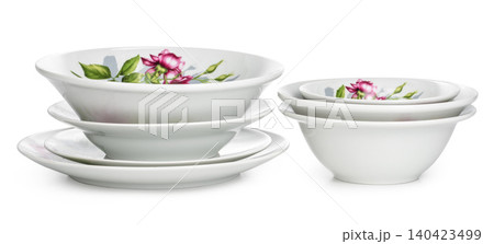 white ceramics tableware set isolated on white background white ceramics tableware set isolated on white background 140423499