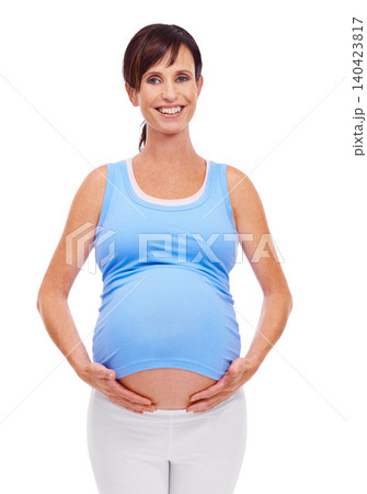 Portrait, pregnant or woman for belly, self care and fitness on mockup in studio on white background. Happy, healthy and female person for prenatal workout, maternity and wellness in pregnancy 140423817