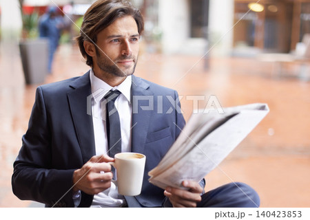Entrepreneur, man and thinking with newspaper at coffee shop outdoor, reflect and idea for company. Corporate, break and read information for opportunity, economy trends for startup business. Entrepreneur, man and thinking with newspaper at coffee shop outdoor, reflect and idea for company. Corporate, break and read information for opportunity, economy trends for startup business. 140423853