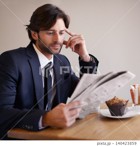 Businessman, read and newspaper in coffee shop, food and relax on break from work. Male person, crypto investor and finance manager for firm, accounting and analysis stock prices and forex on lunch 140423859