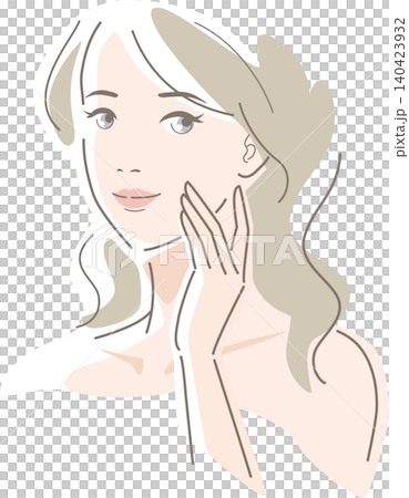 一位女士撫摸著自己的臉頰——這是護膚和美麗的象徵。 一位女士撫摸著自己的臉頰——這是護膚和美麗的象徵。 140423932