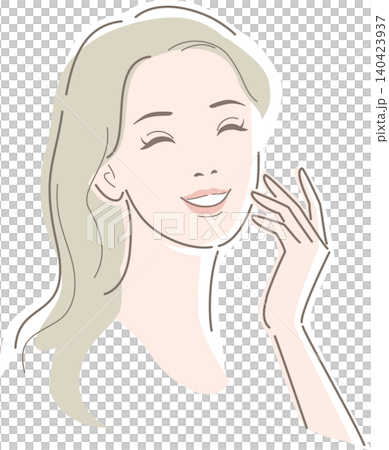 一位長髮女子撫摸著臉頰，面帶微笑，感到幸福。 140423937