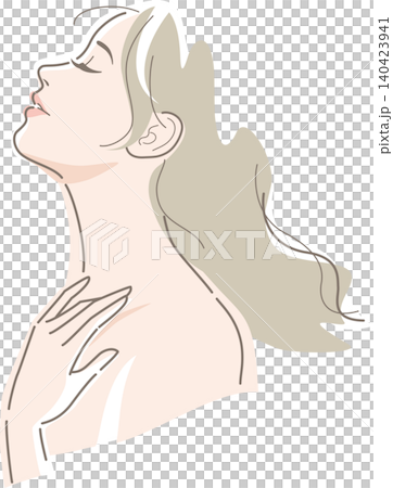 A long-haired woman closes her eyes and touches her neck. A long-haired woman closes her eyes and touches her neck. 140423941