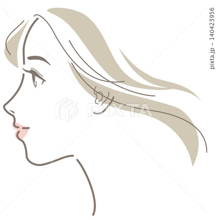 髪をなびかせる女性の横顔　肌の色は着色していないイラスト　目を開いている 140423956