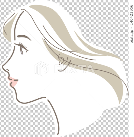 髪をなびかせる女性の横顔　肌の色は着色していないイラスト　目を開いている 140423956