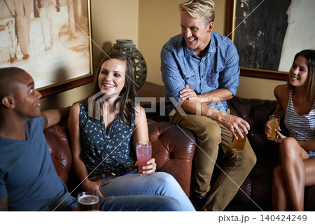 Conversation, happy friends or drink alcohol in pub at party for celebration together in restaurant. Smile, diverse group or people with beer, cocktail or glass at bar for talking at social gathering Conversation, happy friends or drink alcohol in pub at party for celebration together in restaurant. Smile, diverse group or people with beer, cocktail or glass at bar for talking at social gathering 140424249