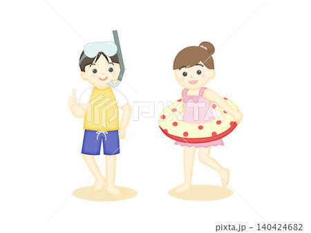 海水浴を楽しむ水着の男の子と女の子のイラスト 海水浴を楽しむ水着の男の子と女の子のイラスト 140424682