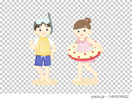 海水浴を楽しむ水着の男の子と女の子のイラスト 海水浴を楽しむ水着の男の子と女の子のイラスト 140424682