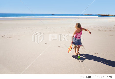 Happy girl, beach and paddle bat with ball for playful summer, holiday weekend or outdoor game in nature. Female person, child or kid enjoying fun day or activity by the ocean coast on mockup space Happy girl, beach and paddle bat with ball for playful summer, holiday weekend or outdoor game in nature. Female person, child or kid enjoying fun day or activity by the ocean coast on mockup space 140424776