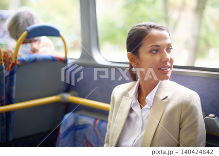 Transport, travel and commute for business woman sitting on bus for journey and trip to work. Young person, passenger or patron with smile and thinking in suit on vehicle for workplace or office Transport, travel and commute for business woman sitting on bus for journey and trip to work. Young person, passenger or patron with smile and thinking in suit on vehicle for workplace or office 140424842
