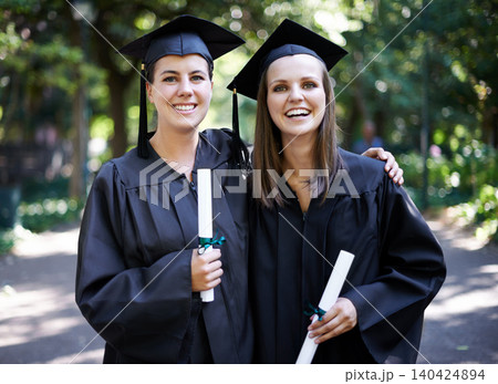 Friends, portrait and graduation with women outdoor at university, college and achievement ceremony. Education, campus and class at certificate, learning and school event with a smile from diploma Friends, portrait and graduation with women outdoor at university, college and achievement ceremony. Education, campus and class at certificate, learning and school event with a smile from diploma 140424894