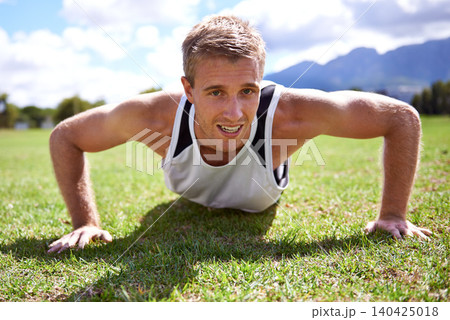 Man, push up and bicep in portrait on grass, strong core and muscle development in training. Male person, fitness and endurance on field, exercise and athlete for workout or bodybuilder challenge Man, push up and bicep in portrait on grass, strong core and muscle development in training. Male person, fitness and endurance on field, exercise and athlete for workout or bodybuilder challenge 140425018