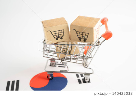 Online shopping, Shopping cart box on North Korea flag, import export, finance commerce. 140425038