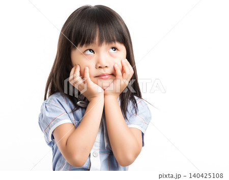 Thoughtful little Chinese girl with pigtails resting chin on both hands, looking up and thinking. Thoughtful little Chinese girl with pigtails resting chin on both hands, looking up and thinking. 140425108