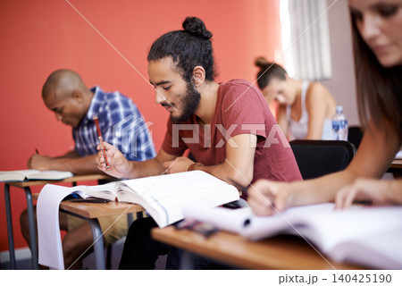 Group, students and classroom with books for learning, info and solution with thinking, studying and ideas. Men, women and education for exam with notes, pen and reading for development at university Group, students and classroom with books for learning, info and solution with thinking, studying and ideas. Men, women and education for exam with notes, pen and reading for development at university 140425190