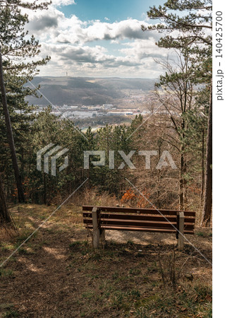 Empty Bench Above Forest Valley 140425700