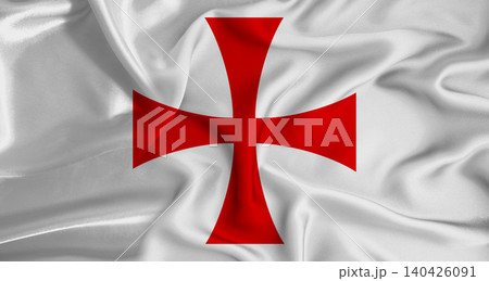 Realistic Knights Templar banner waving. Close up of banner of the Knights Templar with cloth texture 140426091