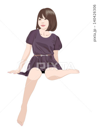 片膝を曲げて座る笑顔の若い女性イラスト 140426306