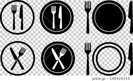 Silhouette icon illustration of a knife, fork, and plate. Silhouette icon illustration of a knife, fork, and plate. 140426334