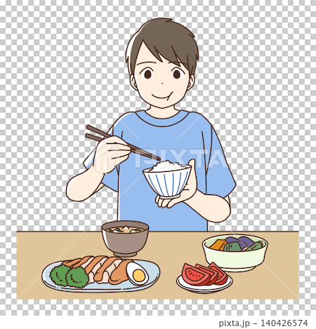 An illustration of a boy eating a balanced meal. An illustration of a boy eating a balanced meal. 140426574