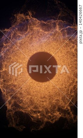 Abstract fiery eclipse ring with orange plasma, blue edge glow, and dark cosmic center resembling a solar portal. Abstract fiery eclipse ring with orange plasma, blue edge glow, and dark cosmic center resembling a solar portal. 140426667