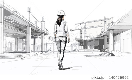 Female engineer walking through construction site overseeing project Female engineer walking through construction site overseeing project 140426992