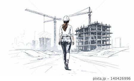 Female engineer walking towards construction site with cranes Female engineer walking towards construction site with cranes 140426996