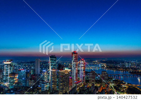 Stunning skyline of Yeouido financial district skyscrapers at sunset during early summer in Seoul, South Korea 140427532