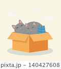 Two gray domestic cats sleeping peacefully in a cardboard box after playtime. EPS 10 140427608