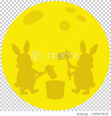 一幅描繪賞月的滿月和一隻正在搗年糕的兔子的插圖。 140427629
