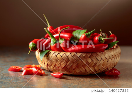 Red hot chili peppers in wicker dish. Red hot chili peppers in wicker dish. 140427835