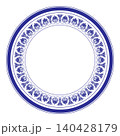 Elegant blue white circular frame featuring traditional Greek key palmette motif. Eastern style. Floral round border frame. Egyptian, Assyrian, Greek motif. For plate, porcelain design, classic border 140428179