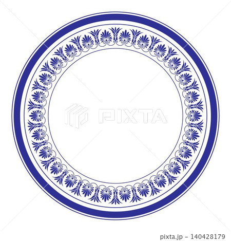 Elegant blue white circular frame featuring traditional Greek key palmette motif. Eastern style. Floral round border frame. Egyptian, Assyrian, Greek motif. For plate, porcelain design, classic border Elegant blue white circular frame featuring traditional Greek key palmette motif. Eastern style. Floral round border frame. Egyptian, Assyrian, Greek motif. For plate, porcelain design, classic border 140428179
