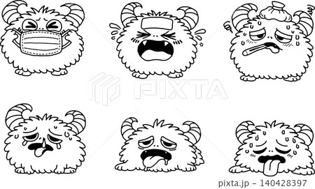 かわいいモンスターの体調不良・風邪表情セット6種類 手描き風キャラクター イラスト素材 かわいいモンスターの体調不良・風邪表情セット6種類 手描き風キャラクター イラスト素材 140428397