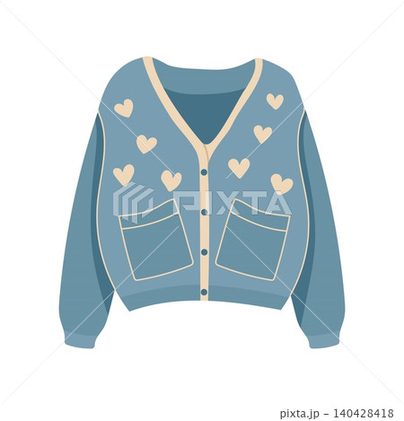 Cute blue knitted cardigan with hearts and pockets vector 140428418