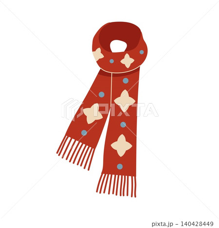 Long red knitted scarf with pattern and fringe vector 140428449