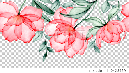 Watercolor illustration, seamless border of peonies. Pink transparent X-ray flower. Watercolor illustration, seamless border of peonies. Pink transparent X-ray flower. 140428459