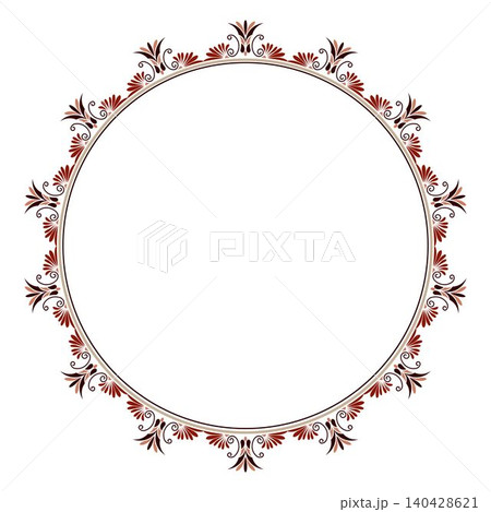 Elegant round frame with floral ornament. Greek key palmette. Eastern style. Floral round border frame. Egyptian, Assyrian, Greek motif. For plate, porcelain, classic border, textile, embroidery 140428621