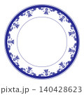 Round decorative plate blue and white. Greek key palmette. Eastern style. Traditional aesthetic. Classic ceramic or porcelain patterns often found in European, Asian, Egyptian, Assyrian, Greek 140428623