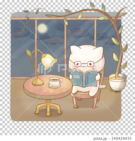 [水彩畫] 一隻戴著眼鏡的貓在室內看書，背景是繁星點點的夜空（睡前心理健康） 140429435