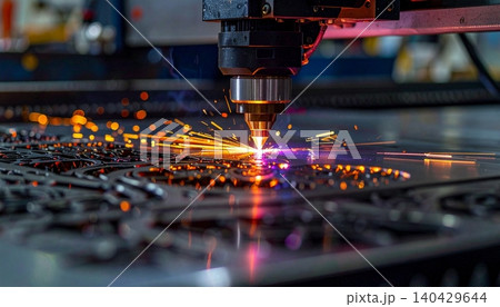 A powerful laser cutter meticulously carves intricate patterns into a metal surface A powerful laser cutter meticulously carves intricate patterns into a metal surface 140429644
