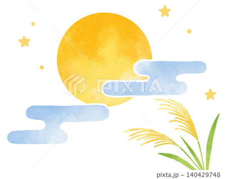 月と夜空とススキのイラスト 月と夜空とススキのイラスト 140429748