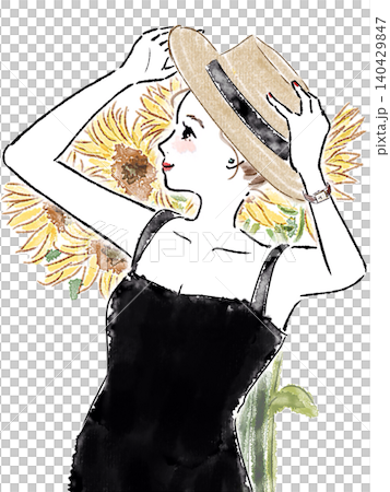A woman wearing a hat and sunflowers 140429847