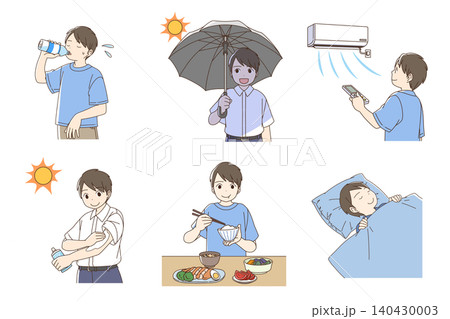 熱中症対策・健康管理をする男の子のイラストセット 熱中症対策・健康管理をする男の子のイラストセット 140430003