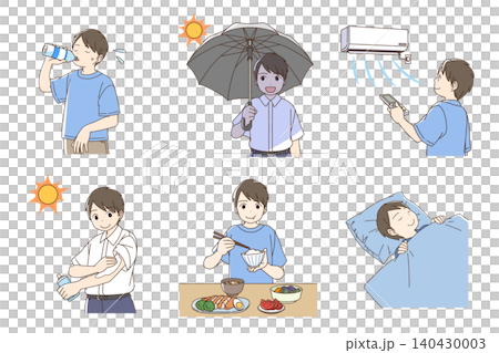 A set of illustrations of a boy taking precautions against heatstroke and managing his health. A set of illustrations of a boy taking precautions against heatstroke and managing his health. 140430003