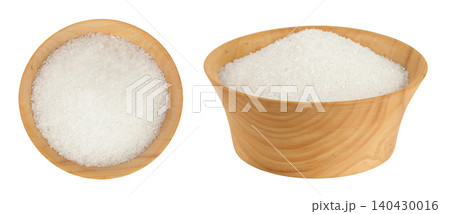 White sugar in wooden bowl isolated on white background. Top view. Flat lay White sugar in wooden bowl isolated on white background. Top view. Flat lay 140430016