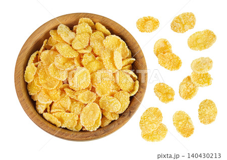 Cornflakes in wooden bowl isolated on white background. Top view. Flat lay 140430213