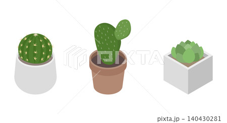 アイソメトリックイラスト:ポットに植えられたサボテンセット 140430281
