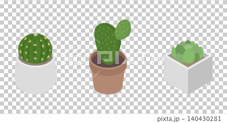 アイソメトリックイラスト:ポットに植えられたサボテンセット 140430281