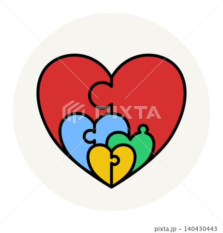 Minimalist flat vector of multiple nested colorful hearts forming a jigsaw puzzle, on a beige circle. Minimalist flat vector of multiple nested colorful hearts forming a jigsaw puzzle, on a beige circle. 140430443